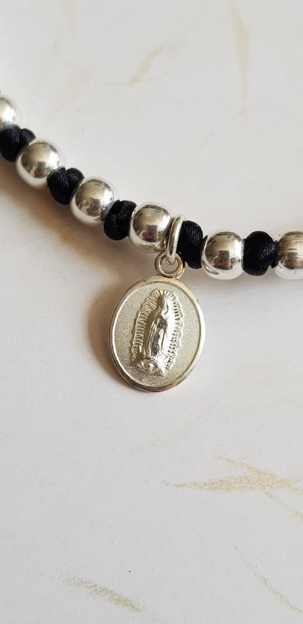 Pulsera negra tejida Virgen de Guadalupe - Plata esterlina 925