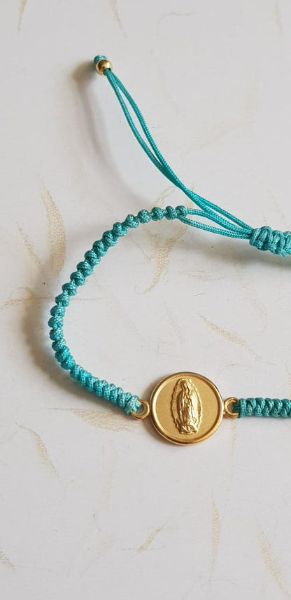 Pulsera tejida turquesa ajustable Virgen de Guadalupe - Oro 14k laminado