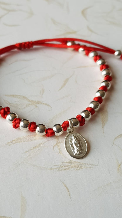 Pulsera roja tejida Virgen de Guadalupe - Plata esterlina de ley 925