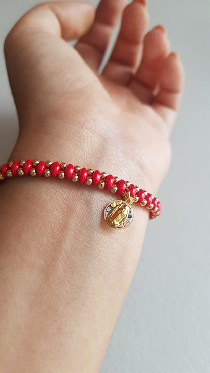 Pulsera roja de cuentas Virgen de Guadalupe - Baño de oro Tricolor