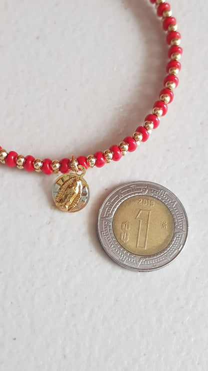 Pulsera roja de cuentas Virgen de Guadalupe - Baño de oro Tricolor