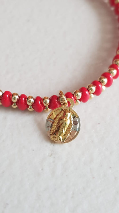 Pulsera roja de cuentas Virgen de Guadalupe - Baño de oro Tricolor