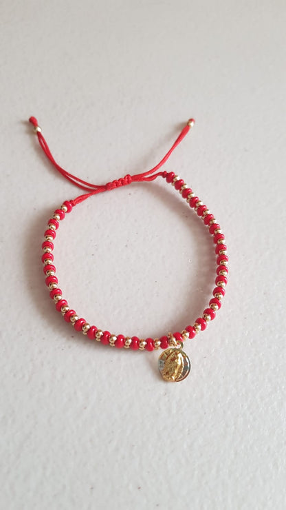 Pulsera roja de cuentas Virgen de Guadalupe - Baño de oro Tricolor