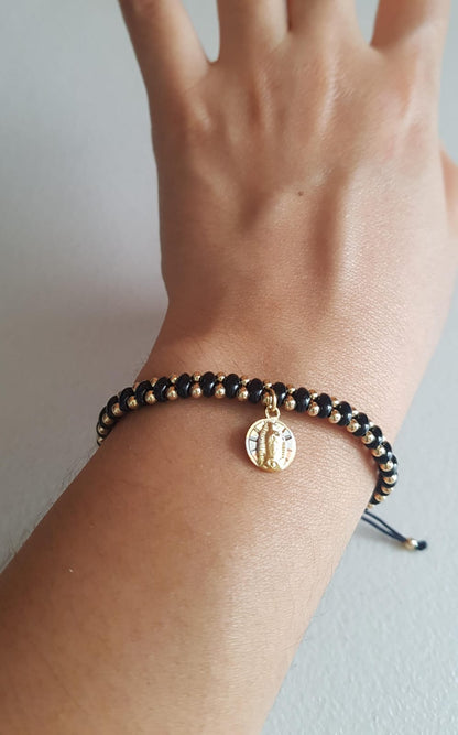 Pulsera negra de cuentas Virgen de Guadalupe - Baño de oro Tricolor