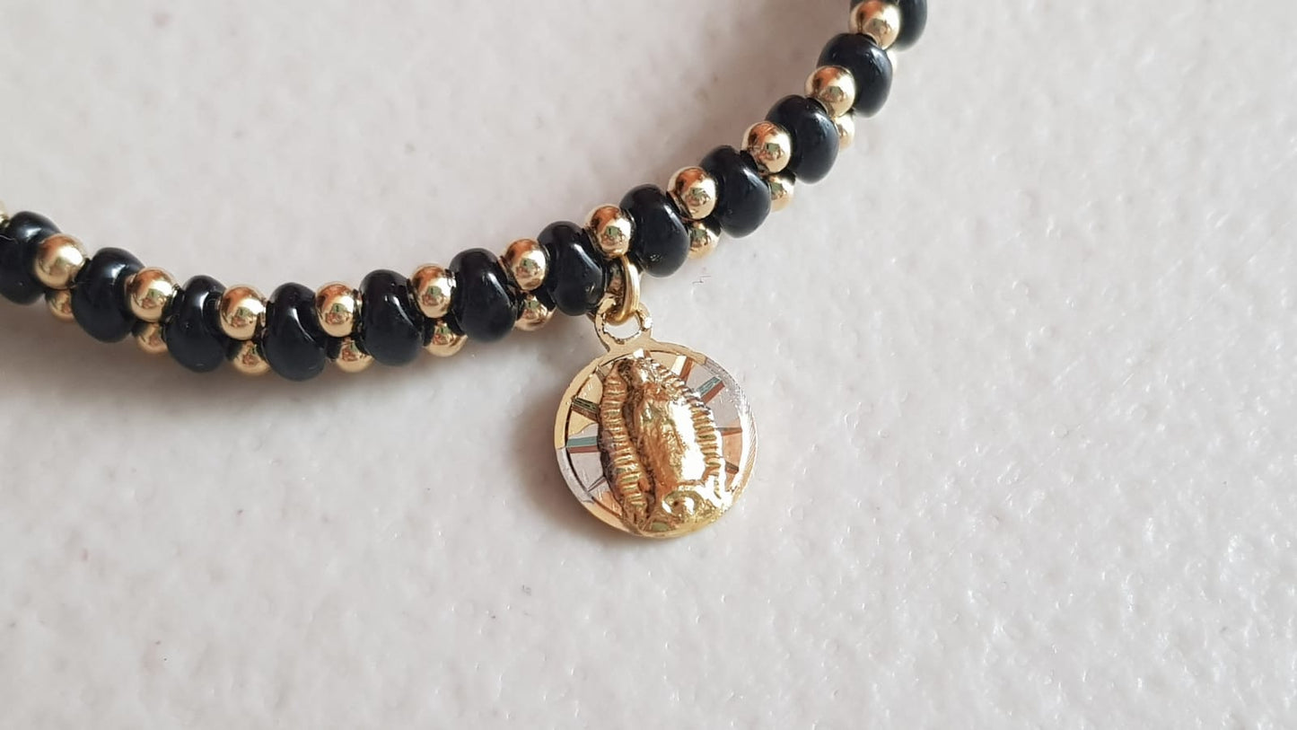 Pulsera negra de cuentas Virgen de Guadalupe - Baño de oro Tricolor