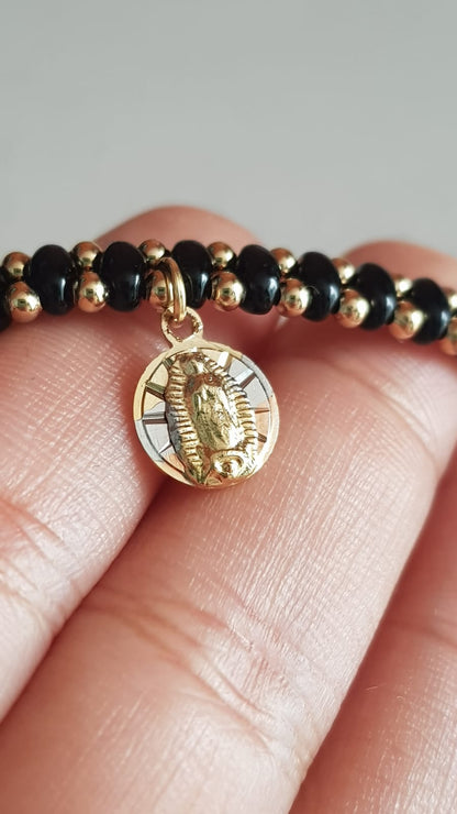 Pulsera negra de cuentas Virgen de Guadalupe - Baño de oro Tricolor