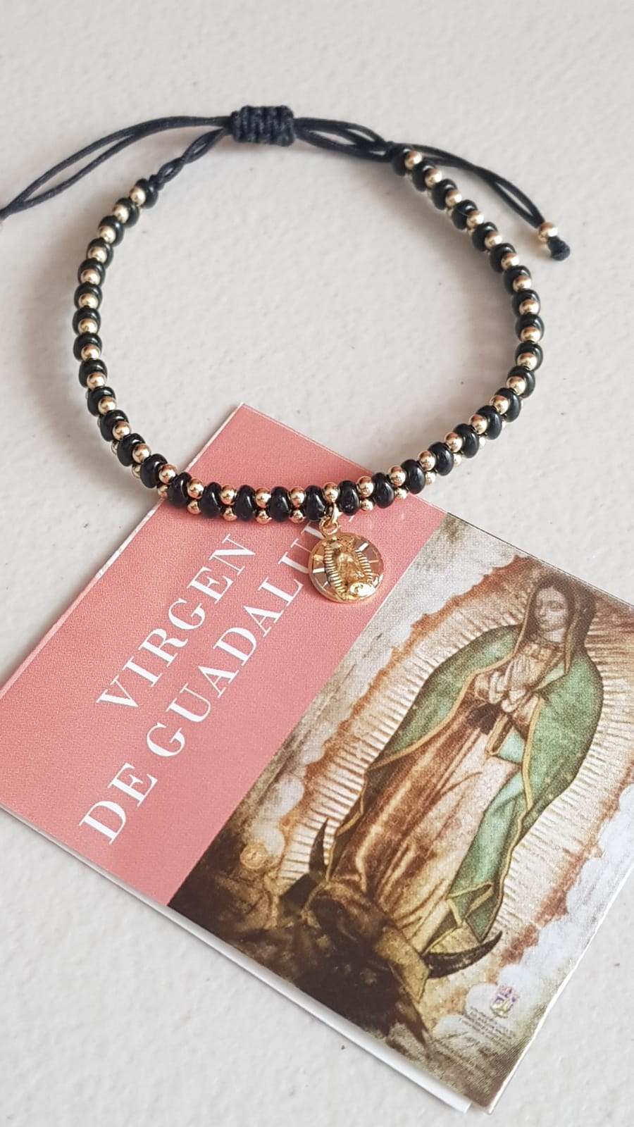 Pulsera negra de cuentas Virgen de Guadalupe - Baño de oro Tricolor