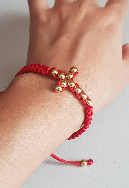 Pulsera tejida roja ajustable Cruz horizontal - Oro 14k laminado