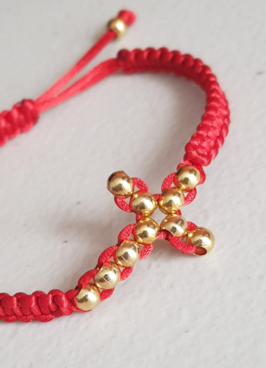 Pulsera tejida roja ajustable Cruz horizontal - Oro 14k laminado