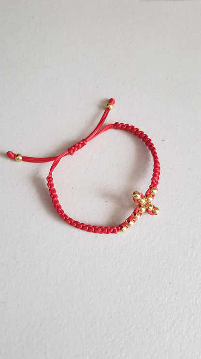 Pulsera tejida roja ajustable Cruz horizontal - Oro 14k laminado