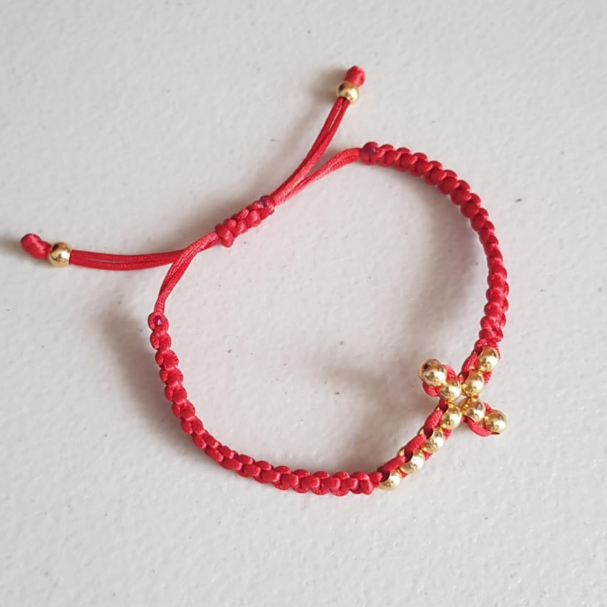 Pulsera tejida roja ajustable Cruz horizontal - Oro 14k laminado