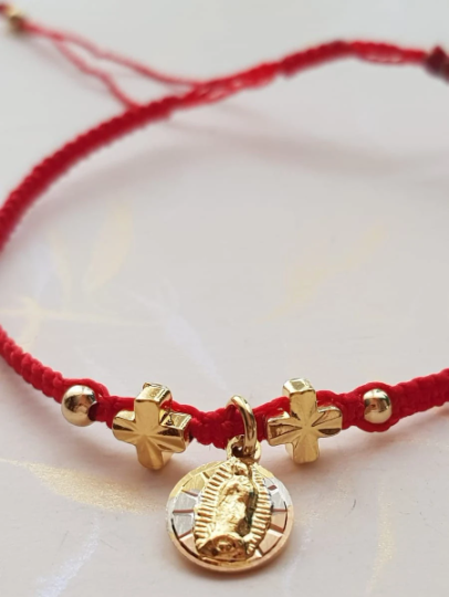 Pulsera roja tejida Virgen de Guadalupe - Baño de oro Tricolor