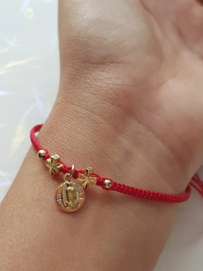 Pulsera roja tejida Virgen de Guadalupe - Baño de oro Tricolor