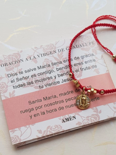 Pulsera roja tejida Virgen de Guadalupe - Baño de oro Tricolor