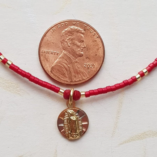 Pulsera roja de cuentas Virgen de Guadalupe - Baño de oro Tricolor