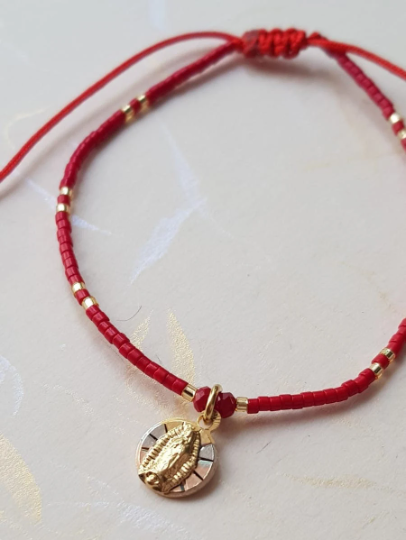 Pulsera roja de cuentas Virgen de Guadalupe - Baño de oro Tricolor