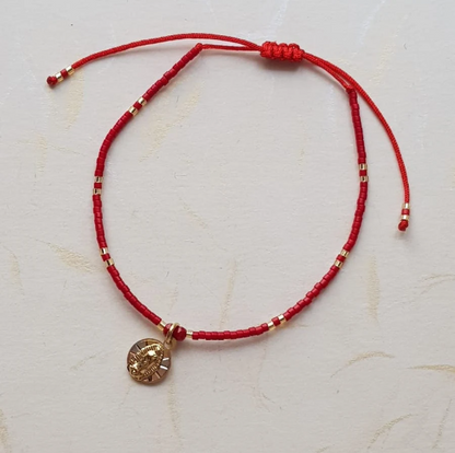 Pulsera roja de cuentas Virgen de Guadalupe - Baño de oro Tricolor