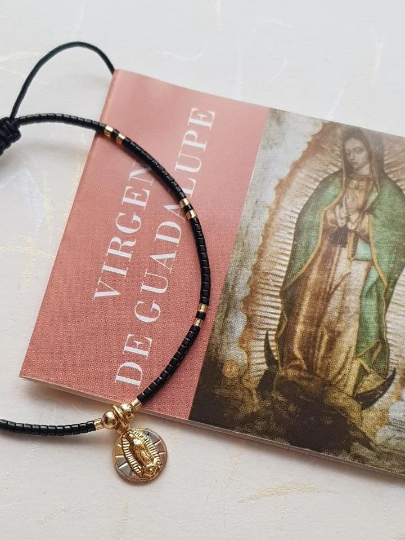 Pulsera negra ajustable Virgen de Guadalupe - Baño de oro Tricolor