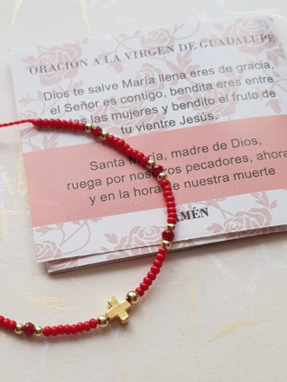 Pulsera de cuentas rojas ajustable - Brazalete Cruz Cristo Baño de Oro 18k