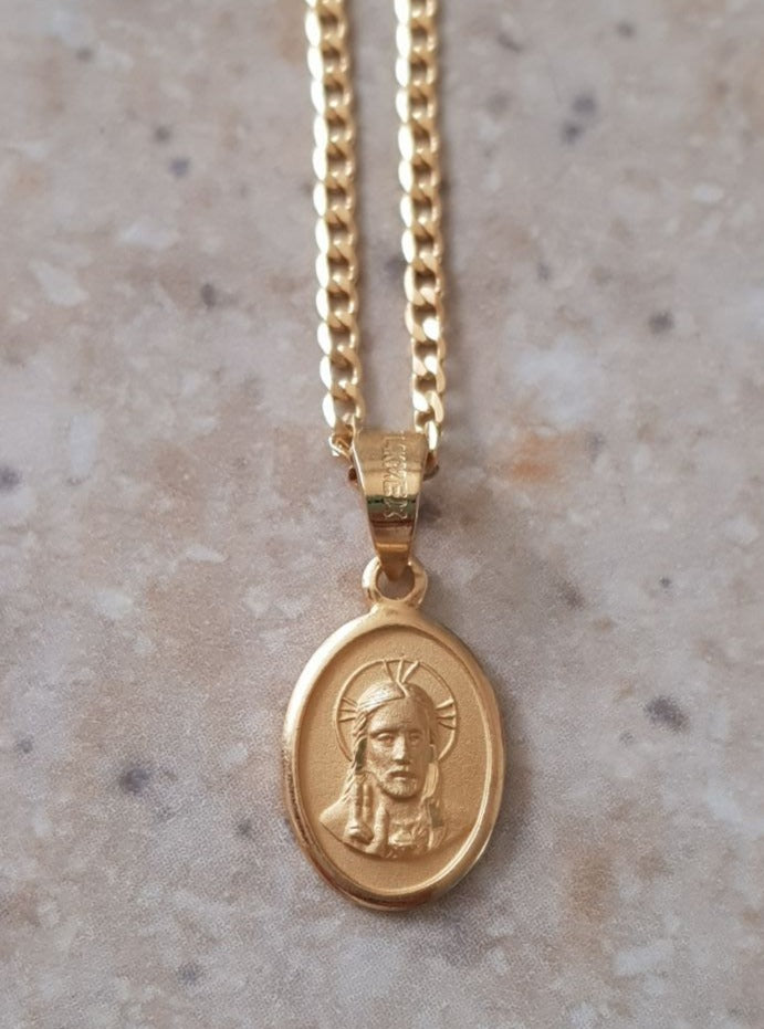 Medalla Sagrado Corazón de Jesús con cadena - Oro 14K laminado - Oval